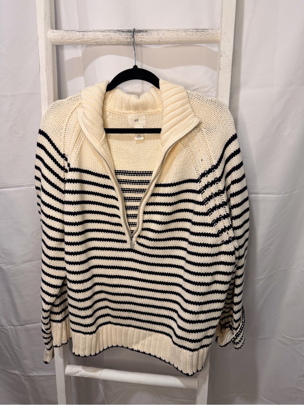 H&M Cream and Black Striped Zip-Up Sweater